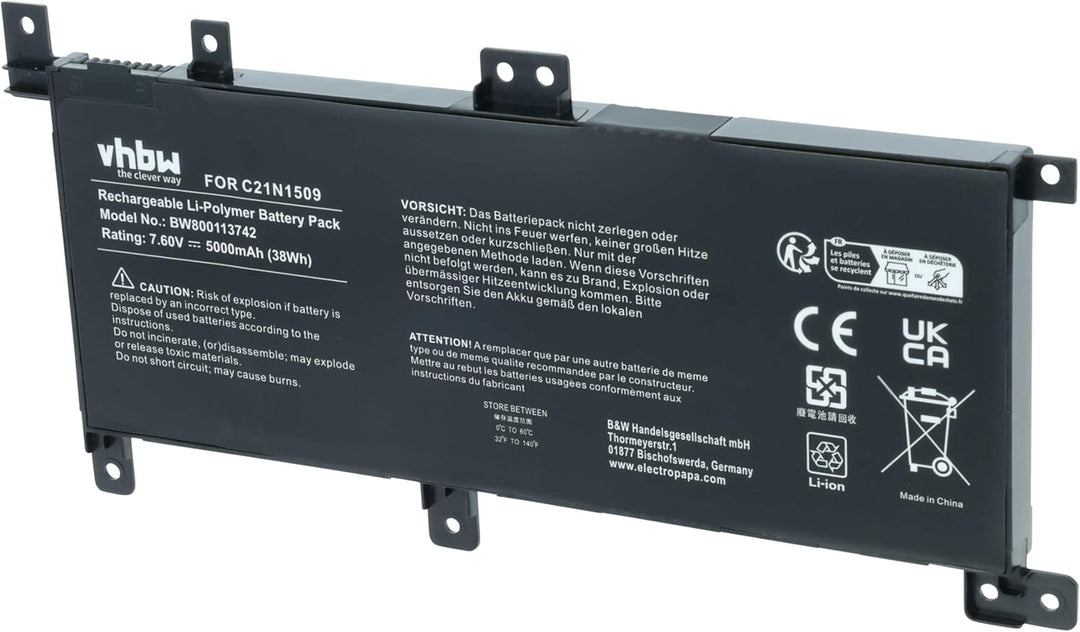 vhbw Akku kompatibel mit Asus K556UQ-XX348T, K556UQ-XX557T, K556UQ-XX688D Notebook (5000mAh, 7,6V, L