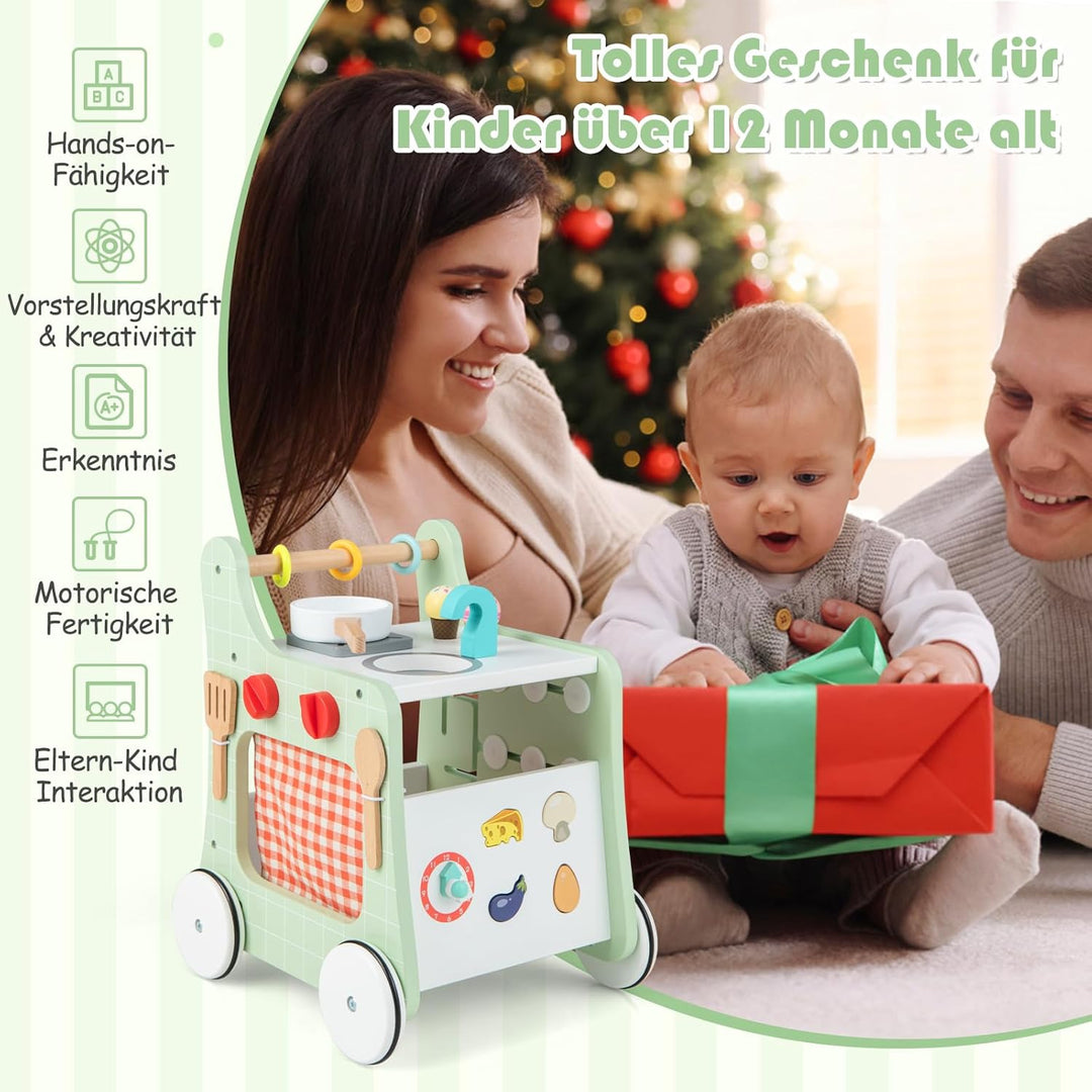 GOPLUS 6 in 1 Lauflernhilfe aus Holz, Lauflernwagen mit Spielküche, Formanpassung, beweglichem Schie