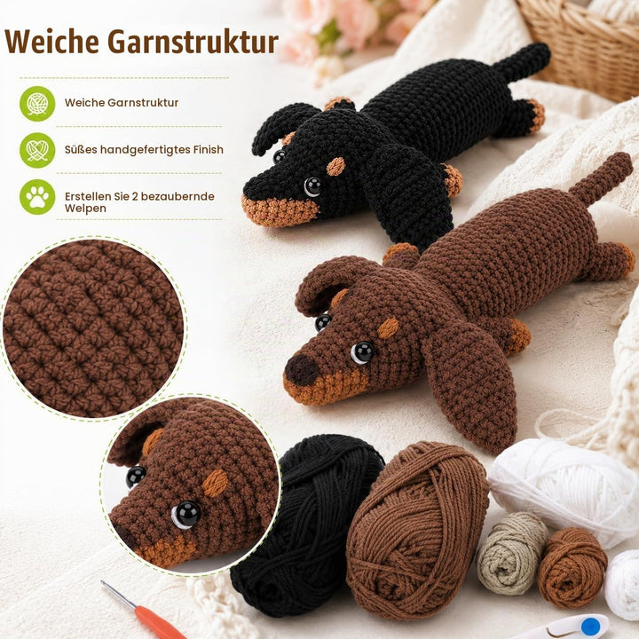 Houkiper Häkelset für Anfänger, Häckel Kit für Anfänger Tiere Häkeln Set Dackel Hund Crochet Set mit