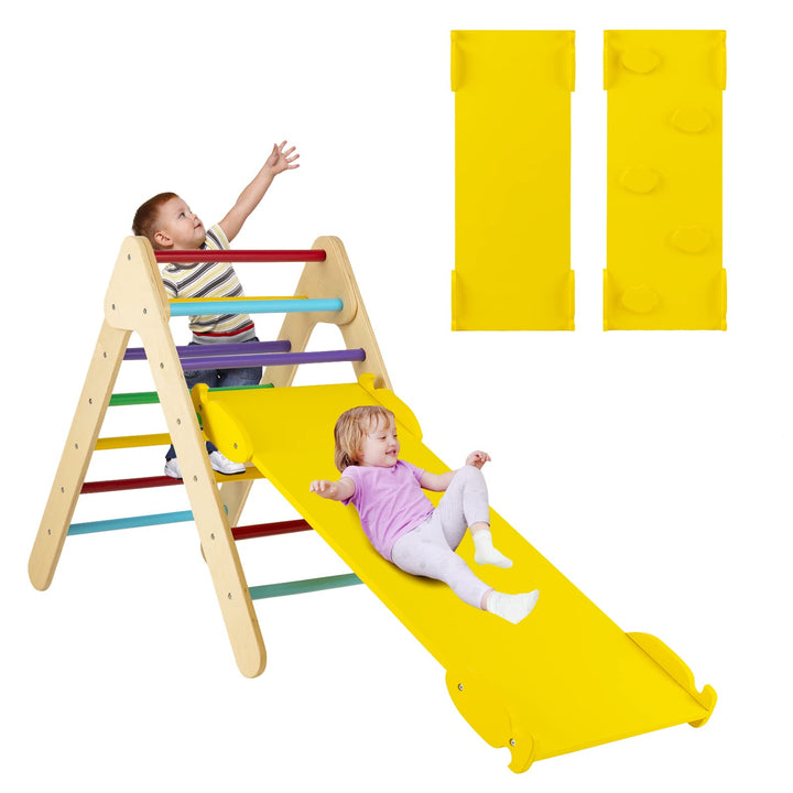 COSTWAY Kletterdreieck mit Rutsche, Klettergerüst Indoor ab 1 Jahr, Sprossendreieck Kletterrampe aus
