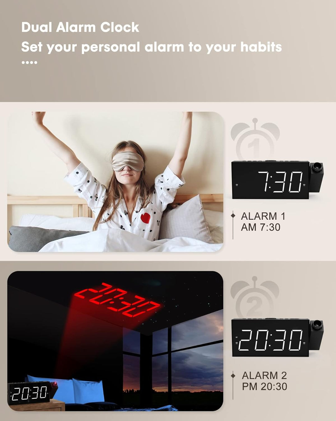 ROCAM Wecker mit Projektion für Schlafzimmer, LED Projektionswecker an der Decke mit USB Ladegerät,