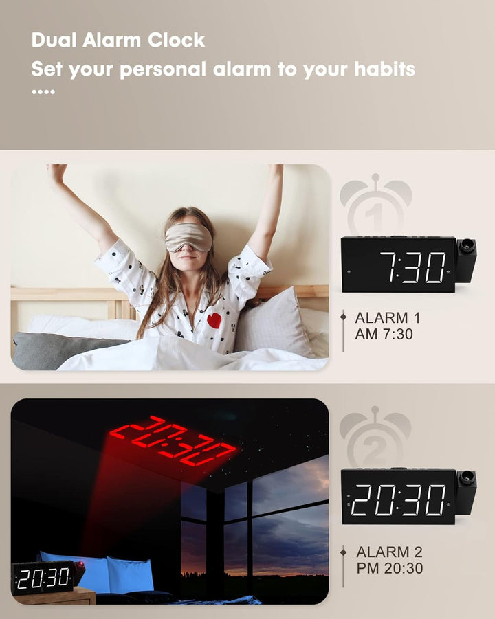 ROCAM Wecker mit Projektion für Schlafzimmer, LED Projektionswecker an der Decke mit USB Ladegerät,