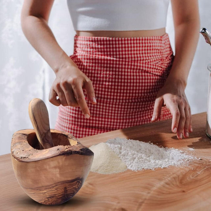 Mörser mit Stössel aus Olivenholz, Kräutermörser, handgefertigt mit Naturrand, Küchenmörser Holzmörs