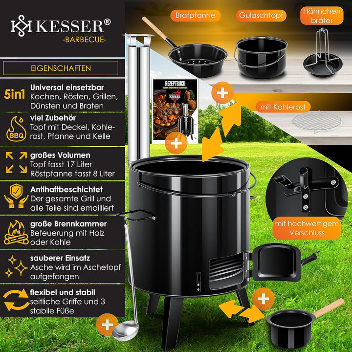 KESSER® Gulaschkessel Gulaschkanone | Eintopfofen mit Grillfunktion Ofen Grill Kugelgrill + Hähnchen