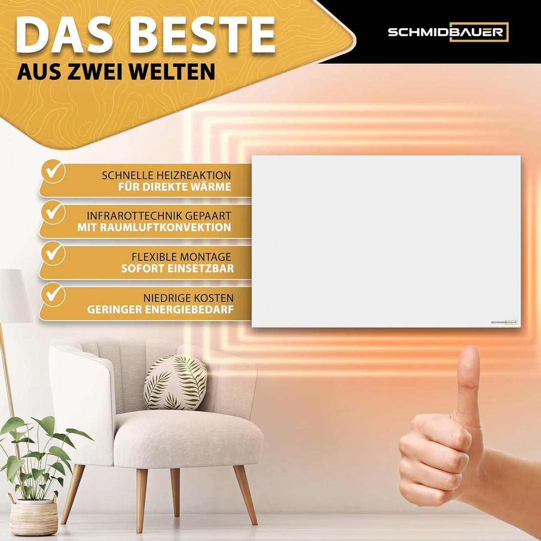SCHMIDBAUER® Infrarotheizung Hybrid 450 Watt - integr. Thermostat/Standfuss - Infrarottechnik mit Ra
