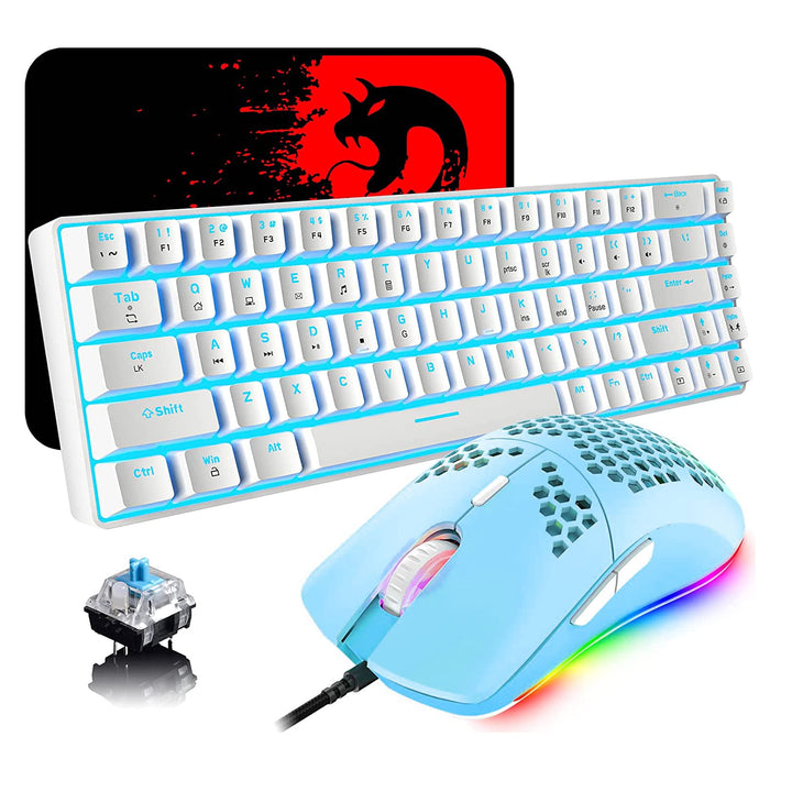 Tastatur und Maus Gaming Set, 68 Tasten Blauer Schalter 60% Mini Eisblaue Backlit Mechanische Tastat