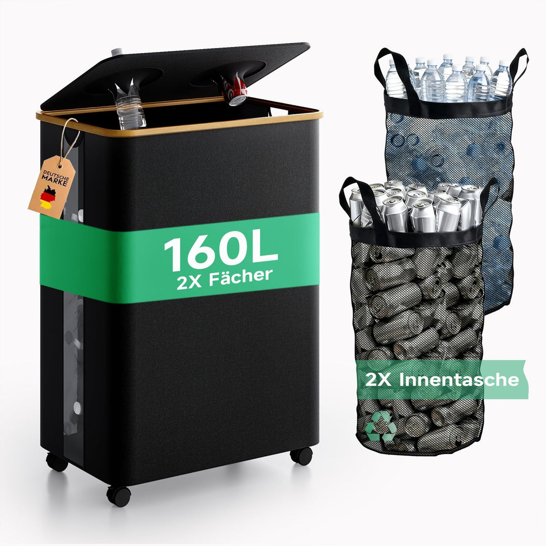 RMAN 160L Pfandflaschen Sammelbehälter 2 Fächer mit Deckel Gross Pfandflaschen Behälter mit Räder Fl