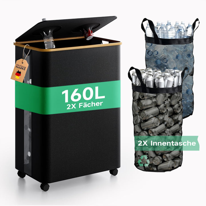 RMAN 160L Pfandflaschen Sammelbehälter 2 Fächer mit Deckel Gross Pfandflaschen Behälter mit Räder Fl