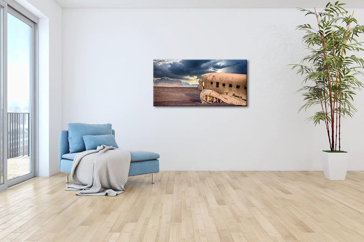 abgestürztes Flugzeug Panorama 120x60 cm als Leinwandbild, Motiv fertig gerahmt auf Echtholzrahmen,