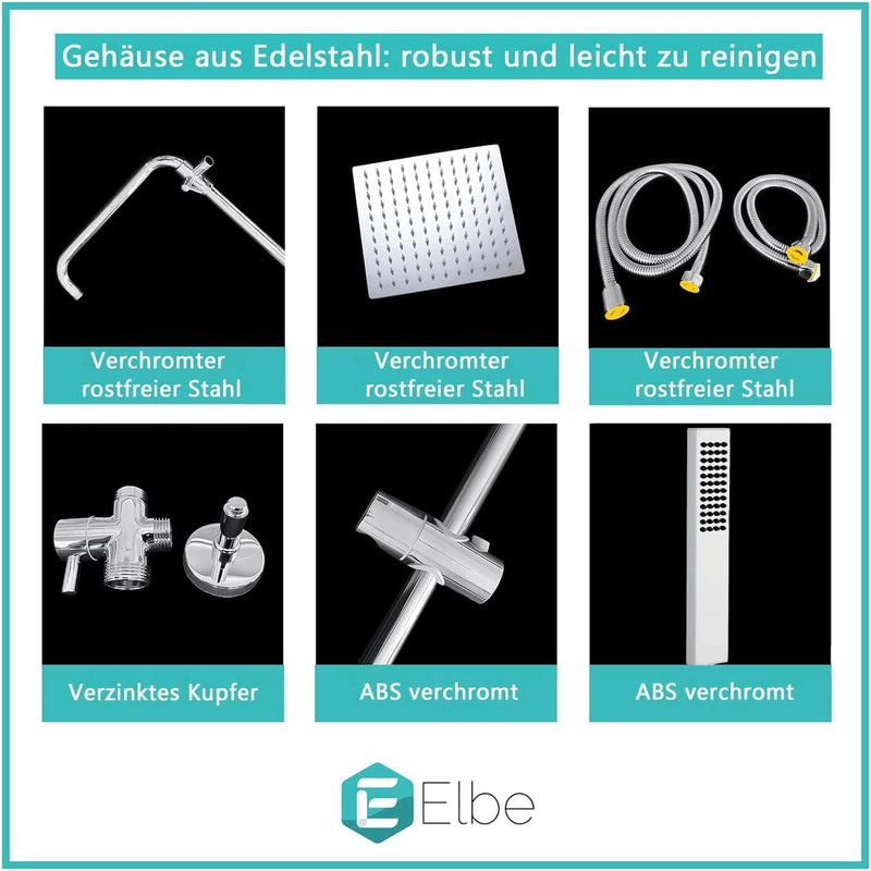 ELBE® Duschsystem aus Edelstahl ohne Armatur, mit quadratischem Duschkopf 20 cm Eckig,