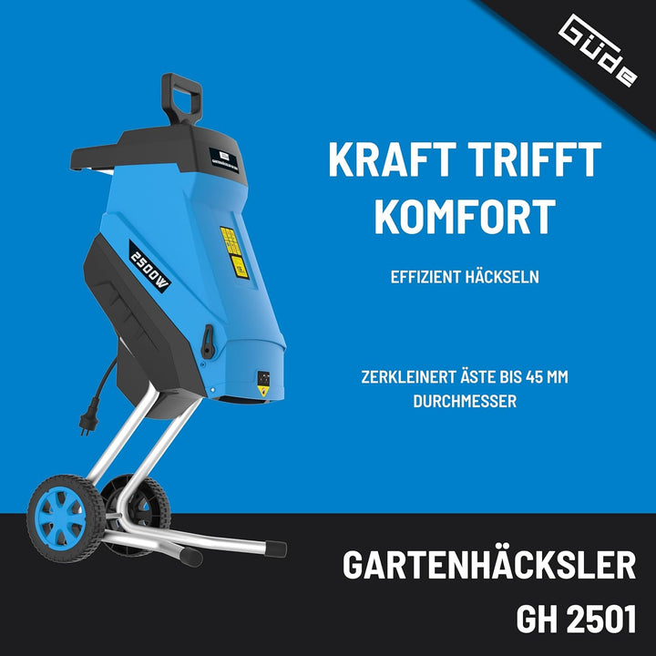 Güde Gartenhäcksler GH 2501 (2500 W, Messertechnik, wartungsarm, Selbsteinzug, Transporträder, Überl
