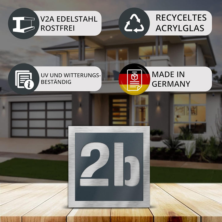 Graviers Design Hausnummer aus V2A Edelstahl 230x230mm - Anthrazit RAL 7016 - Wetterfest Rostfrei In