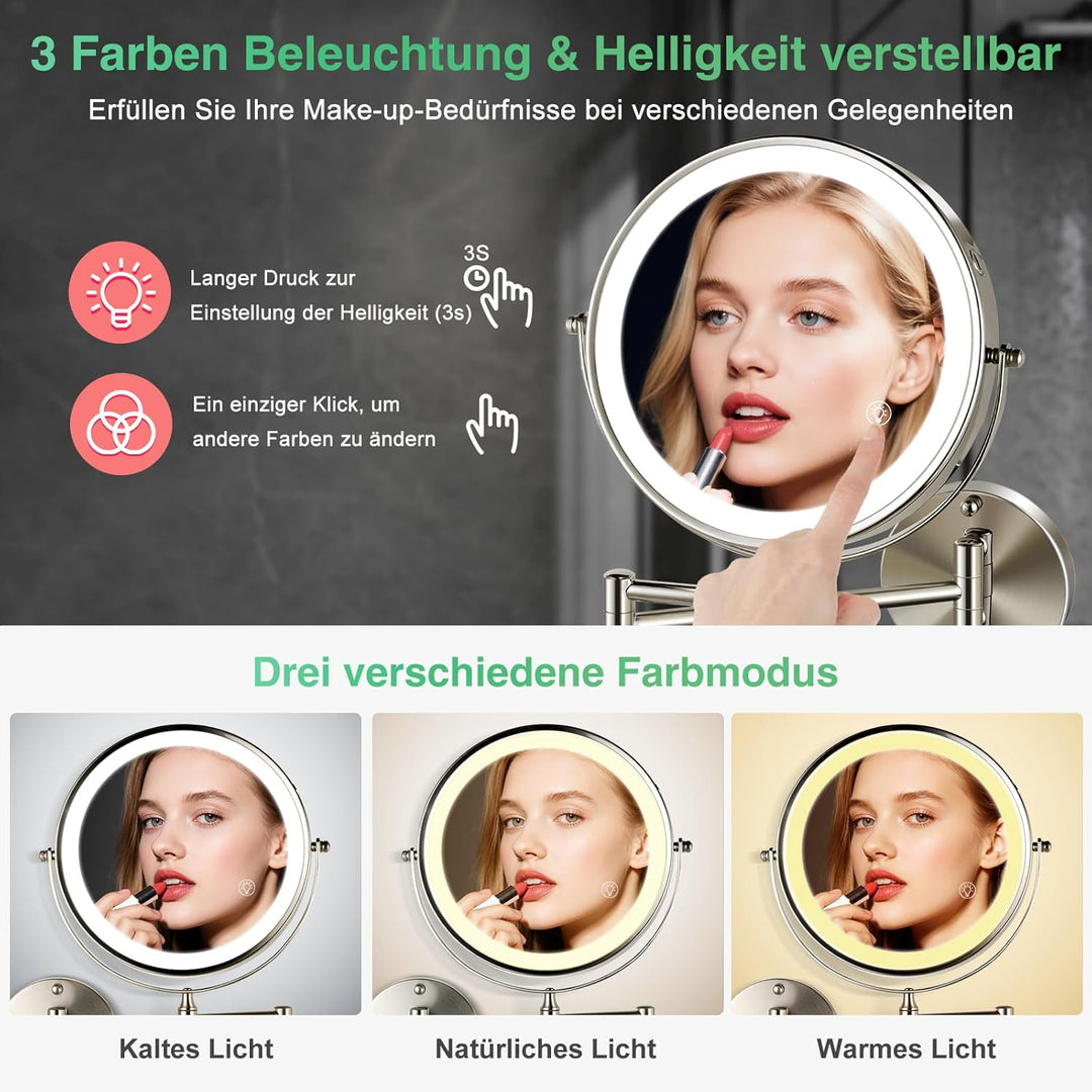 30X/1X wandmontierter Beleuchtungsspiegel für Kosmetik: 8,5 Zoll (21,6 cm) zweiseitig, 3 Farbmodi, U