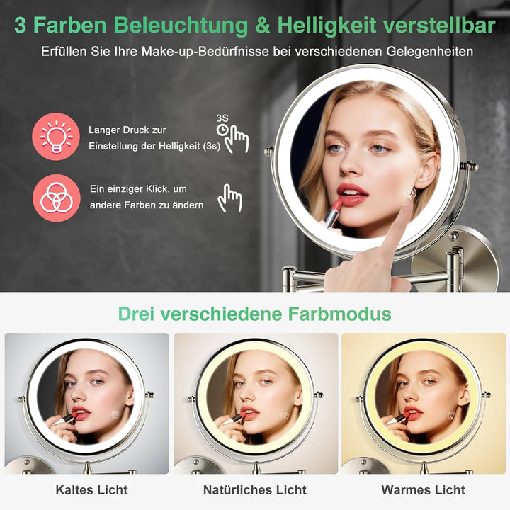 30X/1X wandmontierter Beleuchtungsspiegel für Kosmetik: 8,5 Zoll (21,6 cm) zweiseitig, 3 Farbmodi, U