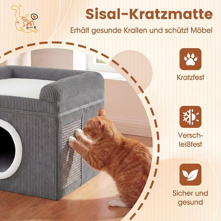 COSTWAY Katzenhaus faltbar, Katzenhöhle mit Sisal-Kratzmatte, weiches Kissen, erhöhten Kanten &amp; Ruts