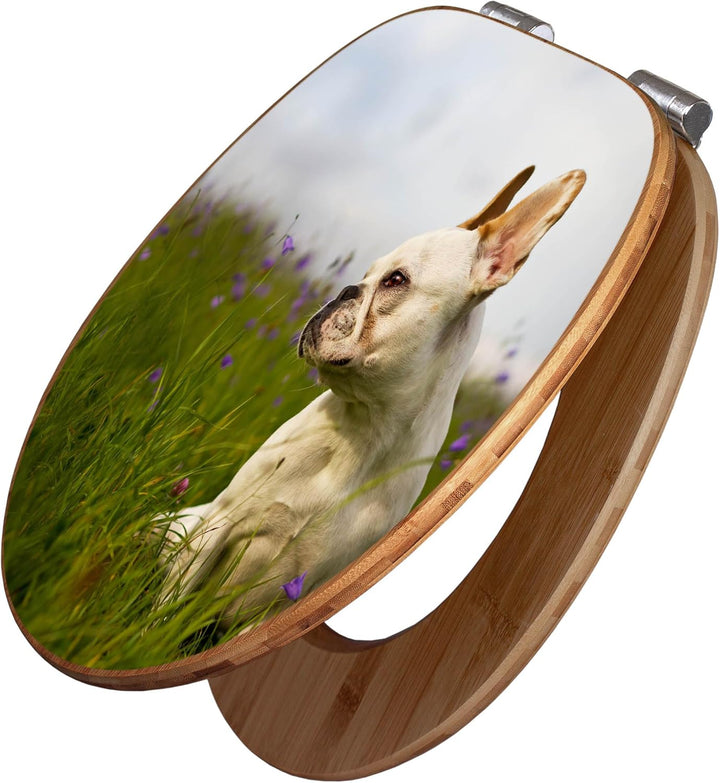 banjado® Design WC Sitz Bambus Absenkautomatik mit Motiv Franz. Bulldogge/Toilettendeckel mit Absenk