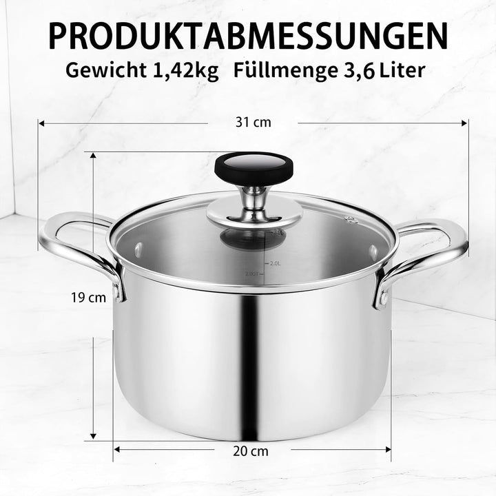 Estmoon Kochtopf 20 cm 3,6L, Edelstahltopf mit Glasdeckel, für alle Herdarten geeignet, auch Indukti