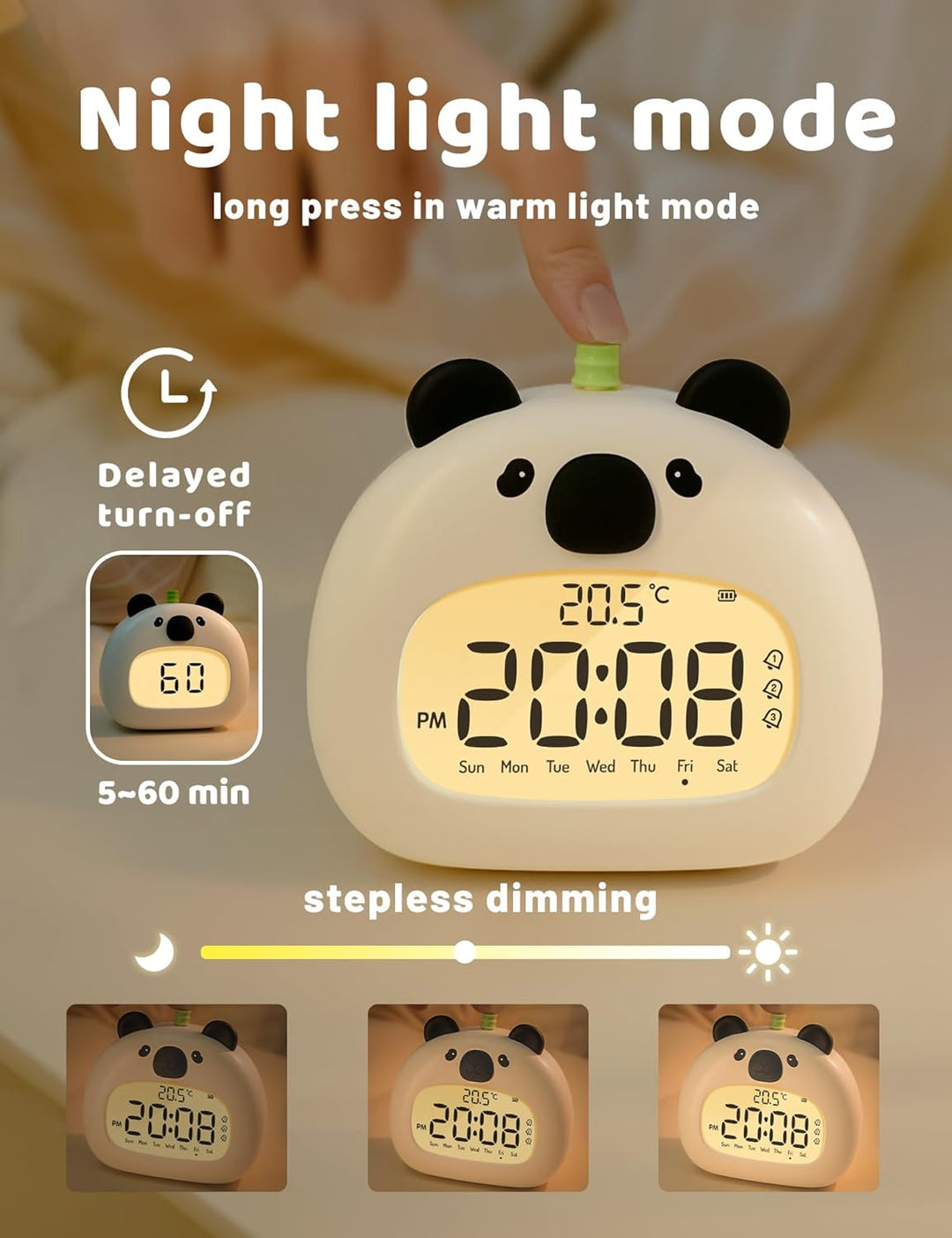 IHALO Cute Kinderwecker, Nachttischwecker mit Panda Nachtlicht, digitales LED-Display, 3,15 Zoll, DR