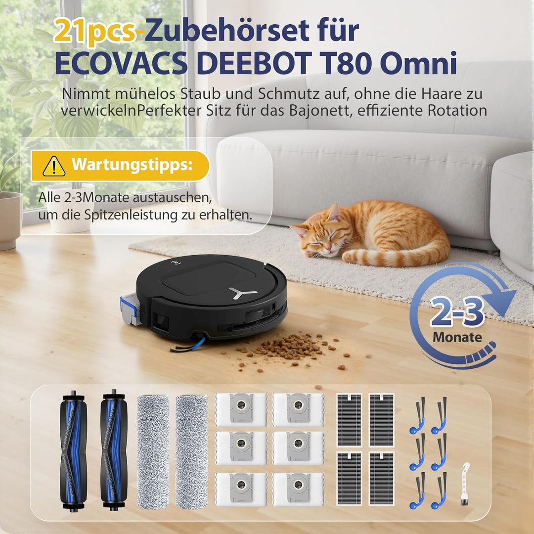 21 Stück Zubehör Kompatibel mit ECOVACS DEEBOT T80 Omni Saugroboter, mit 2 Hauptbürste, 6 Staubbeute