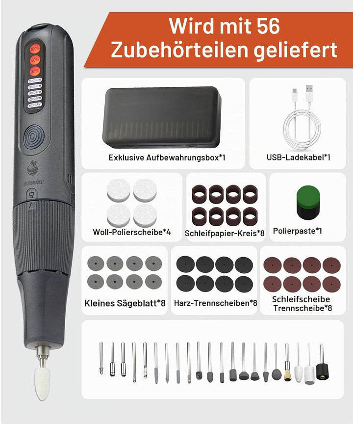 8V Akku Multifunktionswerkzeug Rotationswerkzeug 5-Gang(6000-23000 U/min) mit 56 Zubehör, Kabellos D