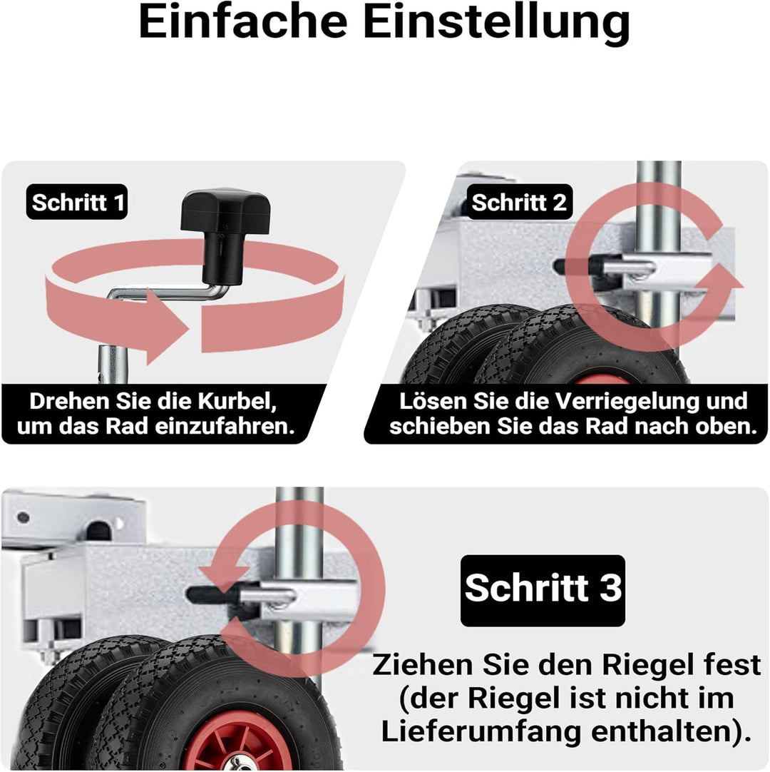 Wiltec Doppelstützrad bis 200 kg, Anhängerstütze mit aufblasbaren Reifen, Stützlast Bugrad ausziehba
