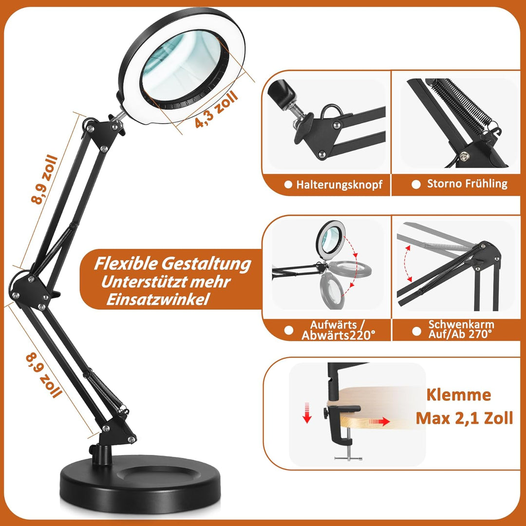 Veemagni 10X Lupe mit Licht, 5 Farbmodi Stufenlos Dimmbar 2-in-1 Schreibtischlampe und Klemme, LED B
