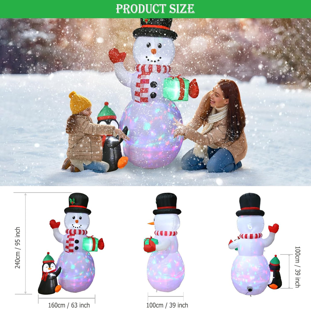 Quntis 2,4m Aufblasbare Weihnachtsdeko Schneemann mit 3 bunten drehbaren LEDs und Gebläse, IP44 LED