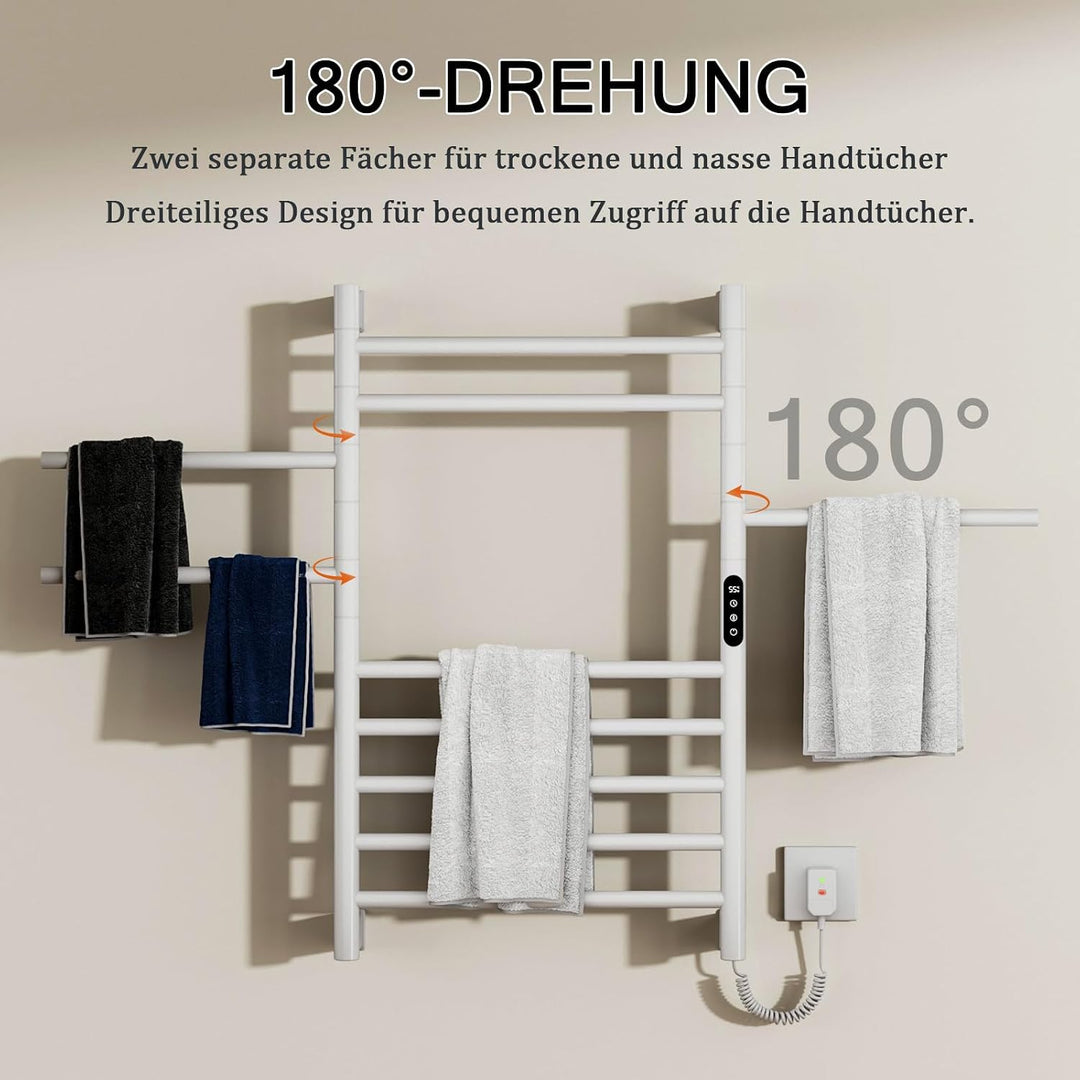 Handtuchheizkörper Elektrisch, 180°Drehung Handtuchwärmer 85 × 52cm, Weiss Handtuchheizkörper mit LE
