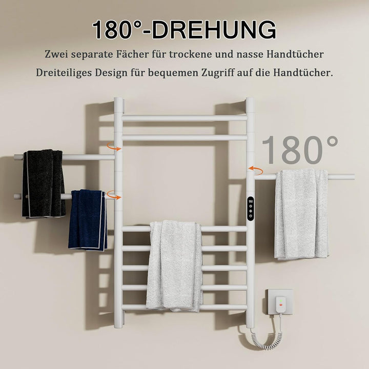 Handtuchheizkörper Elektrisch, 180°Drehung Handtuchwärmer 85 × 52cm, Weiss Handtuchheizkörper mit LE