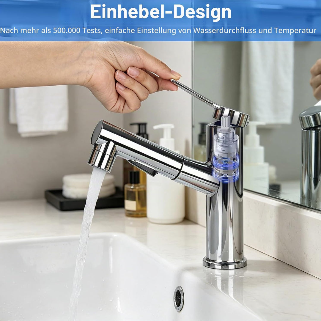 Wasserhahn Bad mit Ausziehbar Brause, Hochdruck Waschtischarmatur Einhebelmischer mit 3 Strahlarten,