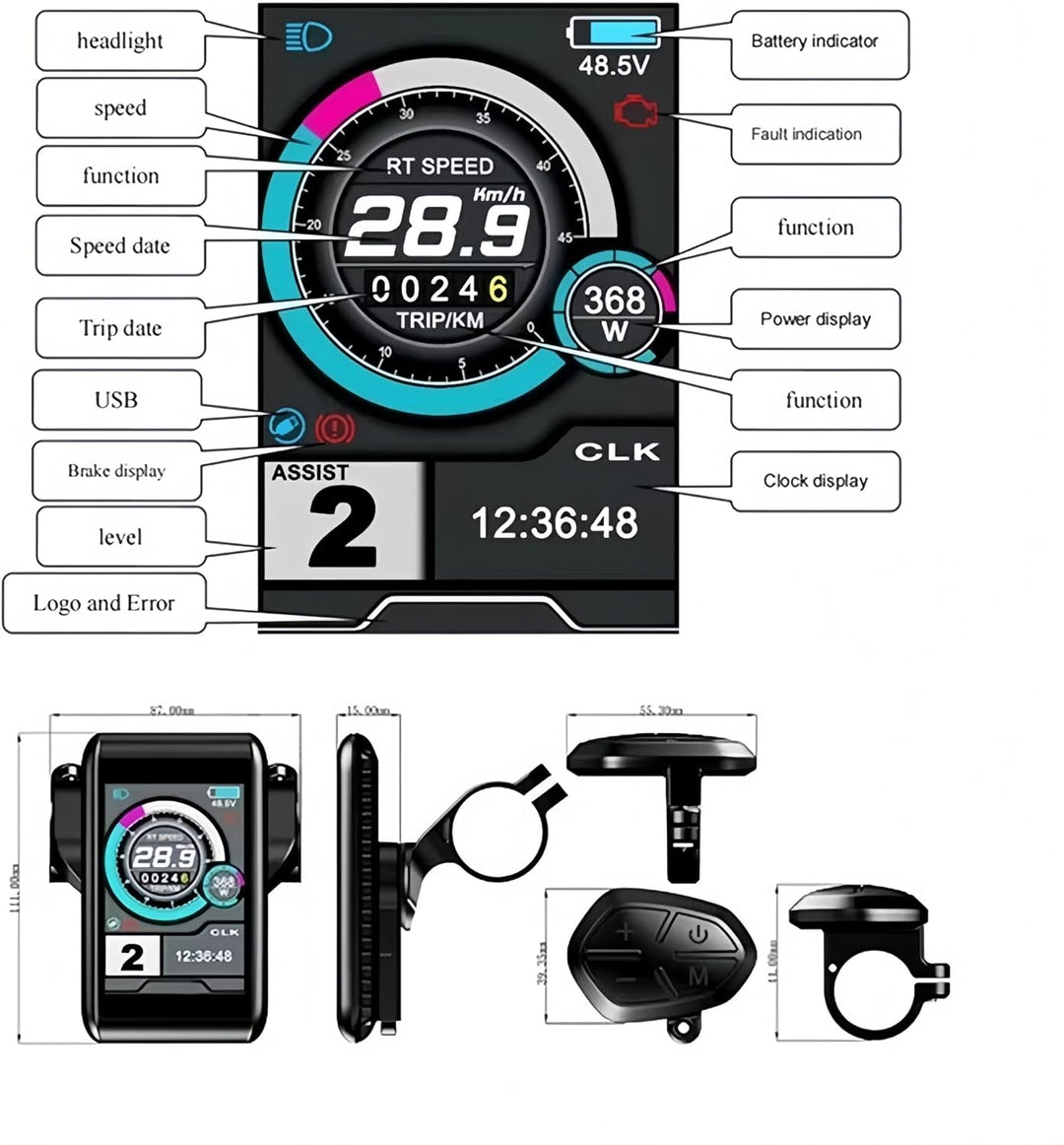Elektrofahrrad UKC1 / UKC1+ LCD-Farbdisplay, kompatibel mit APT-Protokoll, mit SM/wasserdichtem Stec