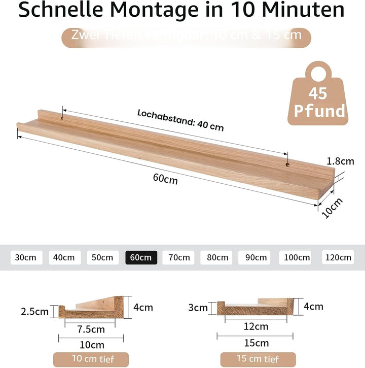 Gieanoo Bilderleiste Holz,60cm Eiche Regal Massiv Schweberegal Wandregal gewürzregal regalbrett Häng