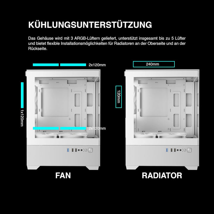 GAMDIAS Aura GC9M ARGB WH M-ATX Micro Tower PC-Gehäuse, Nahtloses Seitenteil aus Gehärtetem Glas, 3