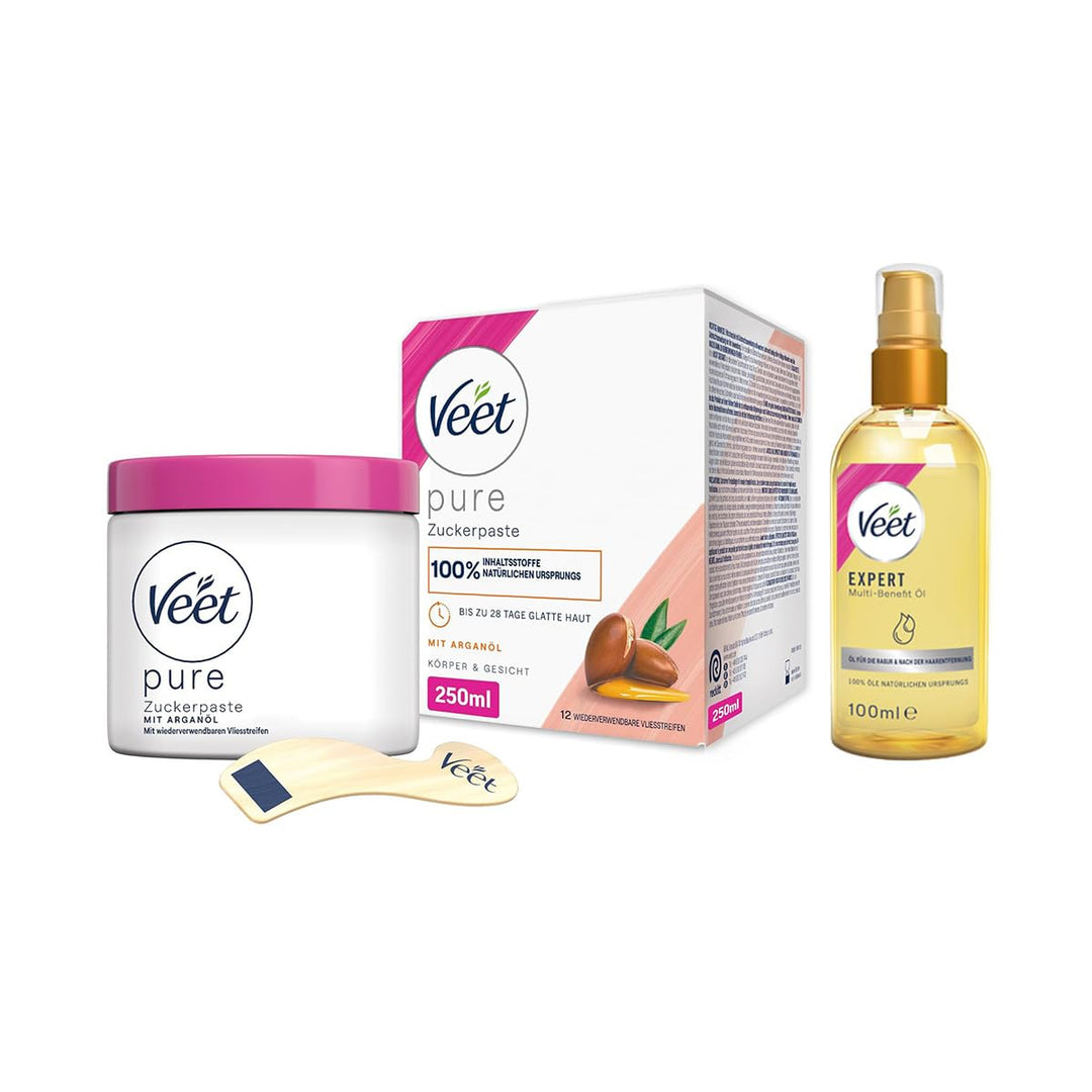 Veet Sugaring Zuckerpaste mit Arganöl für die Haarentfernung an Körper & Gesicht (250ml) + Körperöl