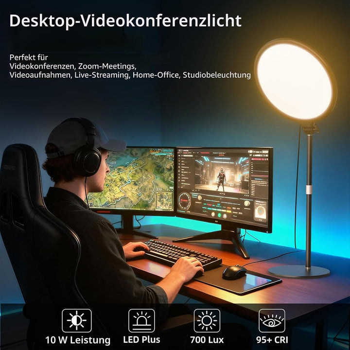 LUXCEO Key Light,10" Selfie Licht Set mit Ständer und Telefonhalter,10W 3000-6000K Dimmbares Vollbil
