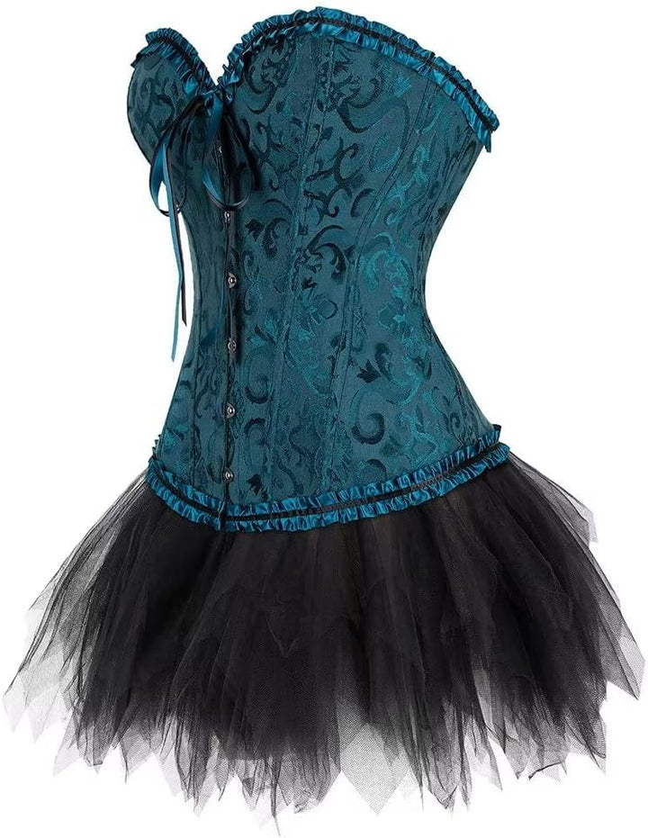 Korsett Schwarz Corsage Kleid Rock elegant Kostüm mit korsettkleid Spitze Lace nrock sexy Karneval F
