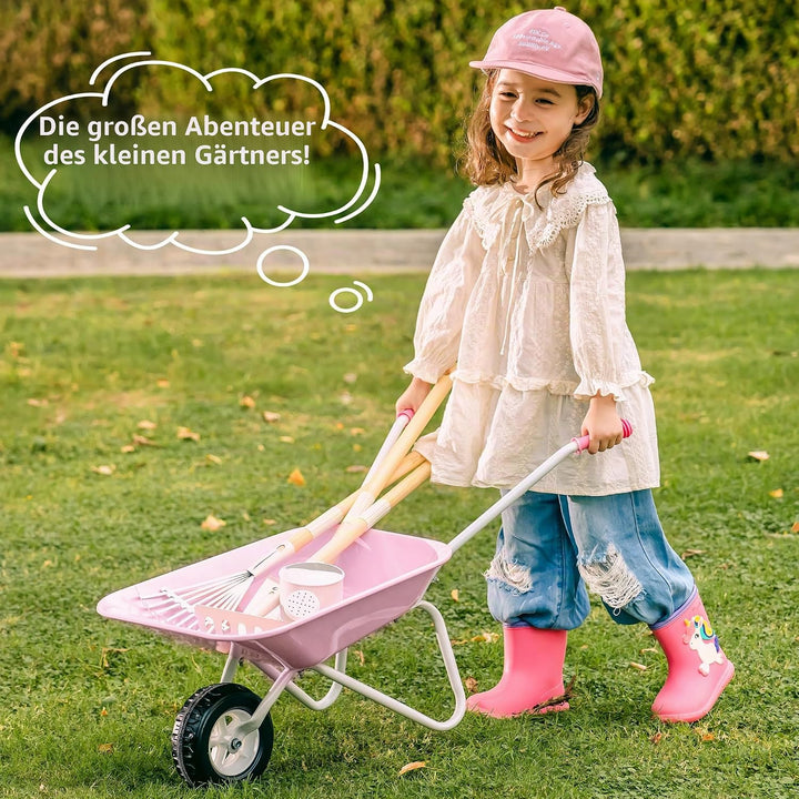 ROBUD Kinderschubkarre Metall mit Gartengeräte Set, 6-teilig Kinderschubkarre mit Langer Schaufel, R