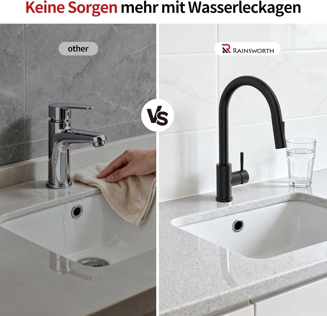 Rainsworth Schwarz Wasserhahn Küche mit Brause Ausziehbar - Hochdruck Küchenarmatur mit Zwei Wassers