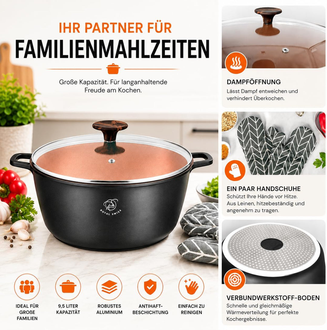 Royal Swiss Kochtopf Ø 32 cm 9,5 L xxl, Aluminiumguss Topf mit Marmor-Antihaftbeschichtung, Induktio