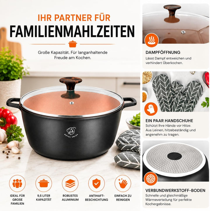 Royal Swiss Kochtopf Ø 32 cm 9,5 L xxl, Aluminiumguss Topf mit Marmor-Antihaftbeschichtung, Induktio