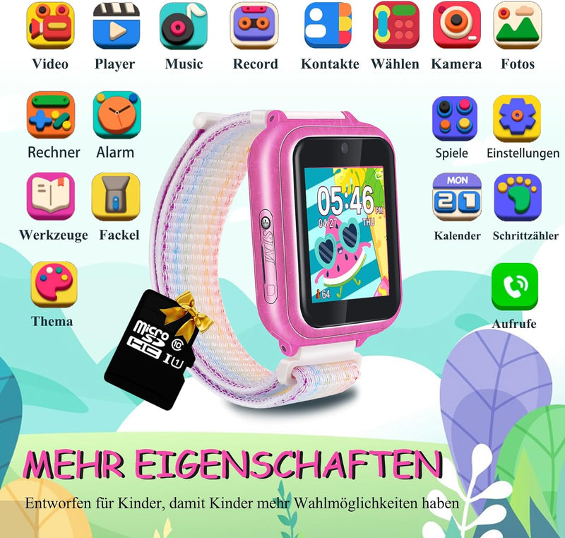 Retysaz Smartwatch Kinder, Spiele, Telefon für Mädchen und Jungen (Rosa-A1), Rosa-A1