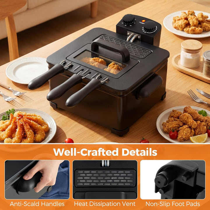 GIANTEX 5L elektrische Fritteuse, 1700W Friteuse mit 1 grossen und 2 kleinen Körben, 150-190℃ einste