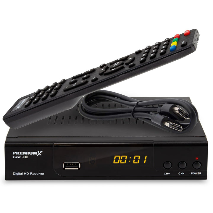PremiumX Satelliten-Receiver HD 521 FTA Digital SAT TV-Receiver DVB-S2 FullHD HDMI SCART 2X USB Mult