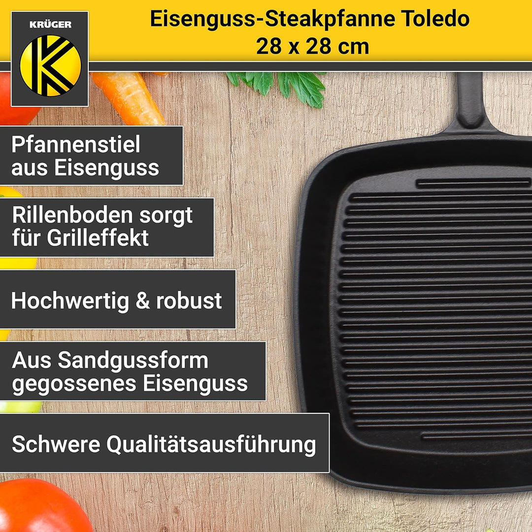 KRÜGER Gusseisen-Grillpfanne Toledo mit Ausgiesser - 28 x 28 cm - emailliert - hohe Hitzebeständigke