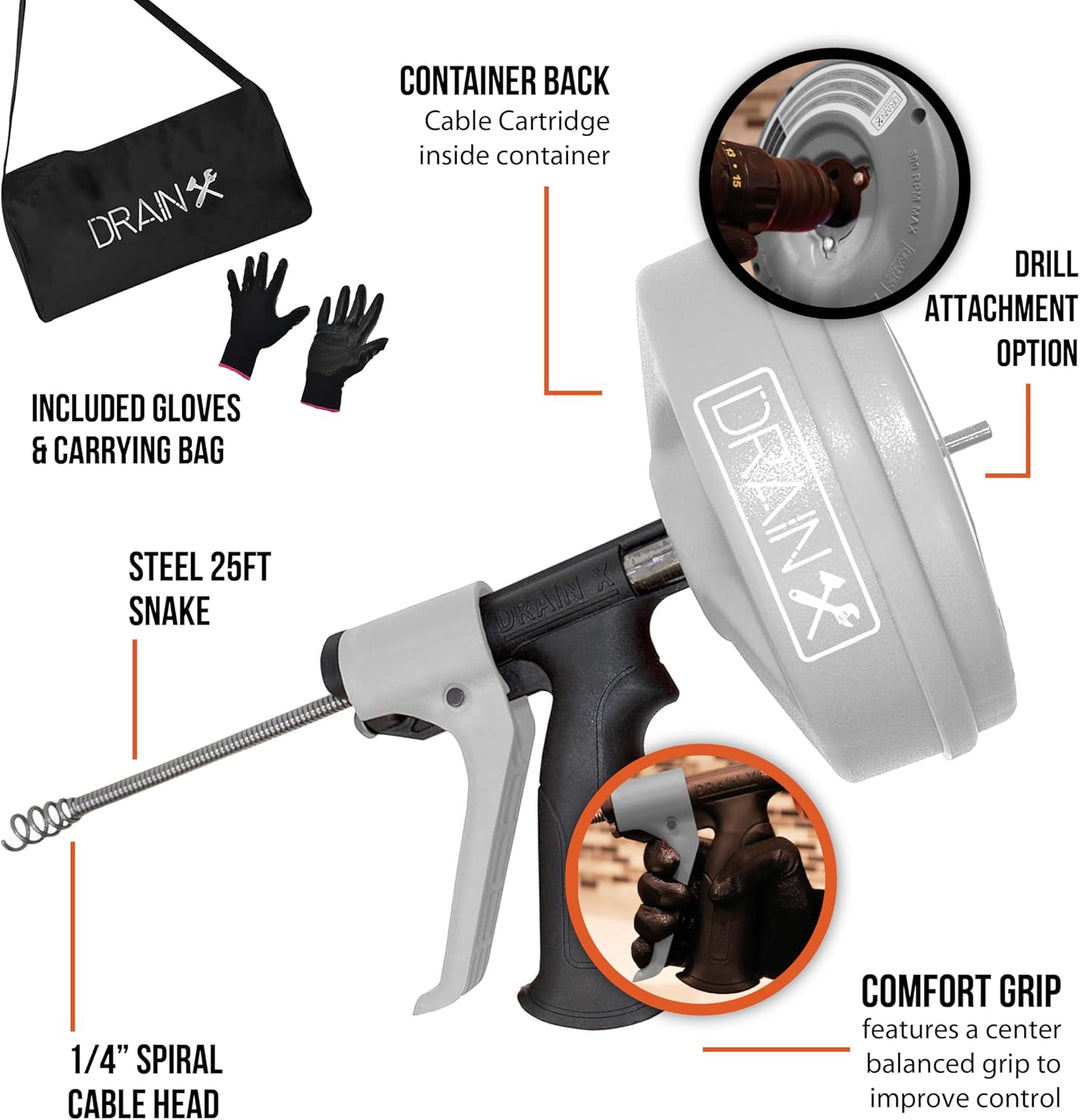DrainX Spinfeed 50 Fuss Trommelschnecke, manuelle Verwendung oder Bohrmaschinen-Antrieb, automatisch
