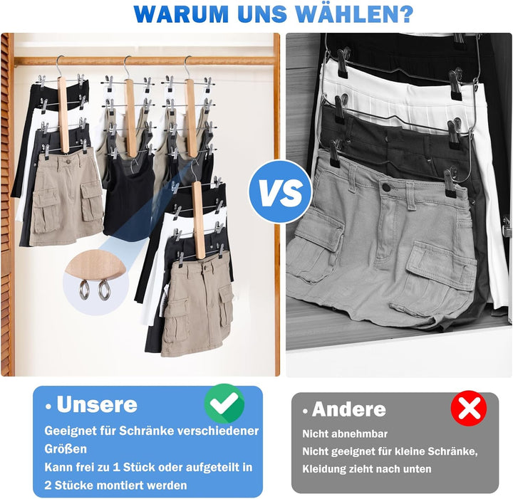 VANZAVANZU Kleiderbügel Platzsparend Rockbügel, 2er Pack 4 Etagen Hosenbügel aus Holz mit Klammern,