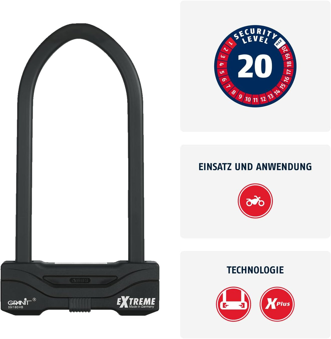 ABUS Bügelschloss Granit Extreme 59 – Motorrad- & Fahrradschloss mit XPlus Zylinder – höchstes ABUS-