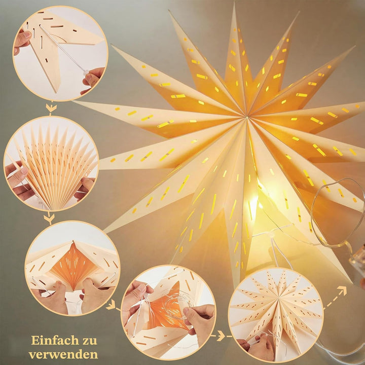 SUNBEAUTY 3 Stück Papierstern Lampenschirm 45cm Hellbraun Original Holzfarbe Weiss Faltsterne Dekora
