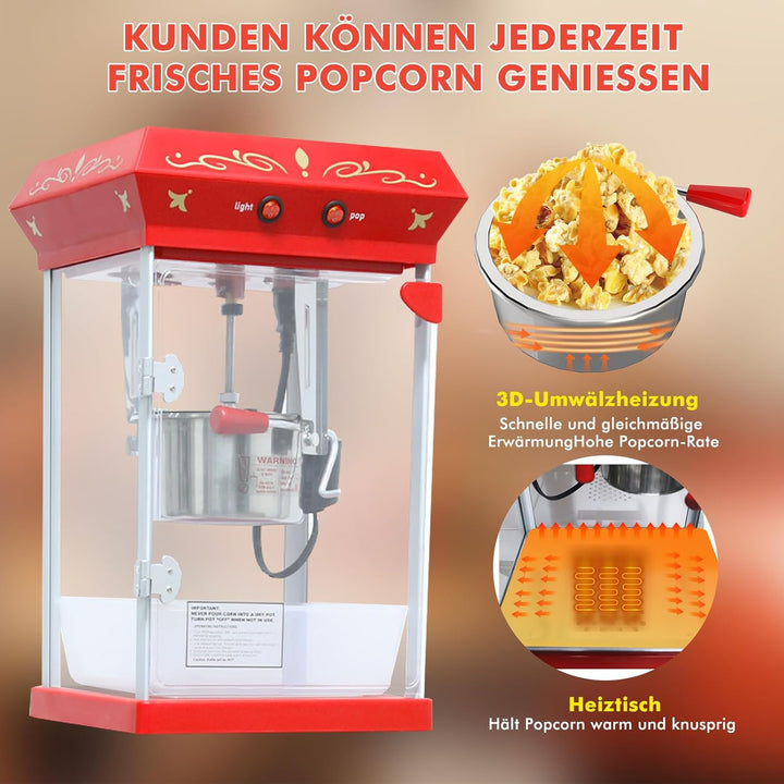 Popcornmaschine mit Wagen 8 OZ Kessel Popcornmaschine Gross,Entnehmbarer Topf Popcornmaker Retro Pop