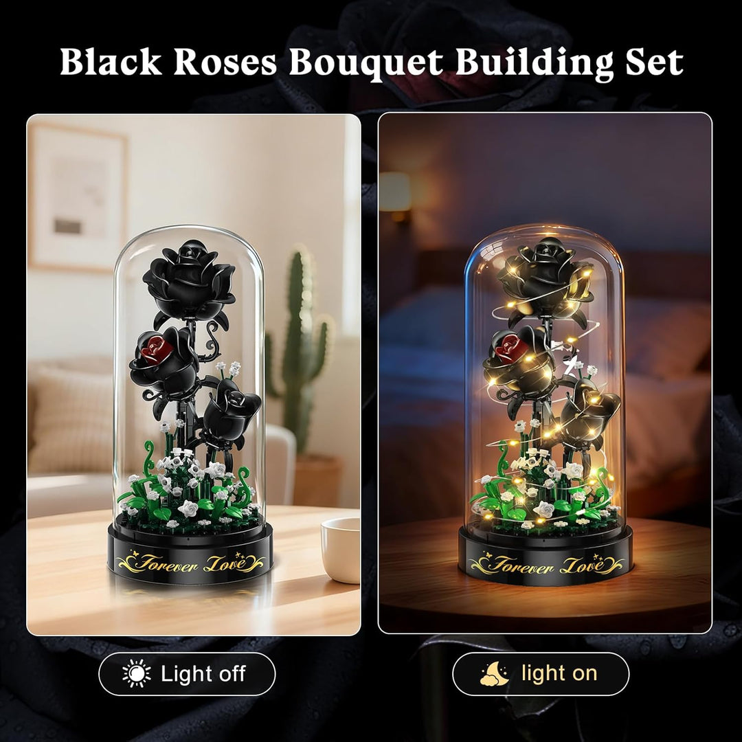 Blumen Rosen Bausatz mit LED Licht, 232 Teile Schwarzer Rosenstrauss, 3.6MM Blumenstrauss Baustein S